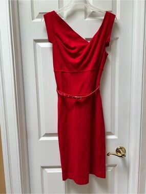 Cache Contour Red Cap Sleeve Belted Drape-Neck Sheath Dress